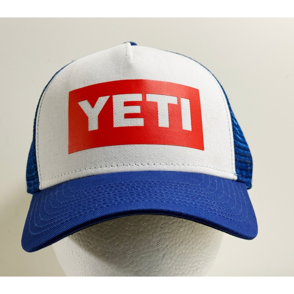 YETI Trucker Hat Mens OS Blue White American Logo Badge Snapback Mesh Cap